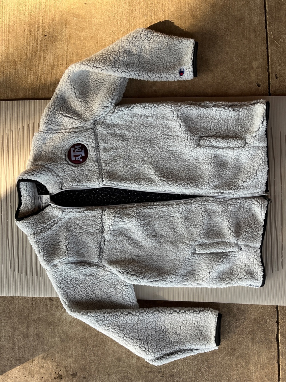 Champion White Sherpa Jacket with Maroon A&M Patch